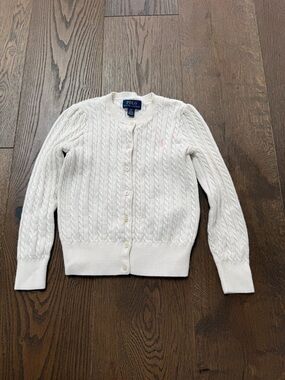 Polo by Ralph Lauren Cream Cable-Knit Button-Up Cardigan with Pink Pony